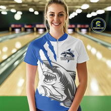 Load image into Gallery viewer, Custom White And Blue Shark Jerseys, Bowling Team Women Quarter-Zip Shirts Bowlers Outfit IPHW8990