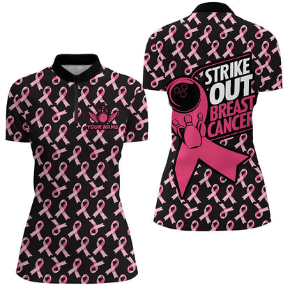Strike Out Breast Cancer Pink Ribbon Pattern Custom Bowling Shirts For Women Bowling Jersey IPHW7047