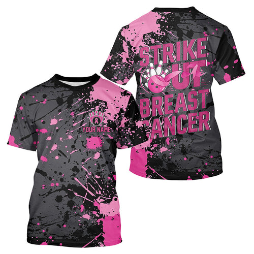 Black And Pink Strike Out Breast Cancer Pink Ribbon Custom Bowling Men T-Shirts IPHW7048