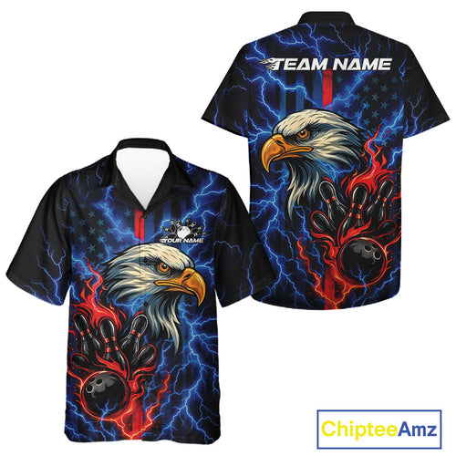Custom Red And Blue Lightning Flame Eagle Men And Women Bowling Shirt, Patriotic US Team Shirt IPHW10171