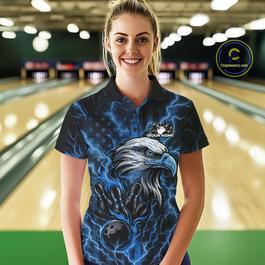 Custom Mid Blue Lightning Flame Eagle Women Bowling Shirt, Patriotic US Team Shirt IPHW10173