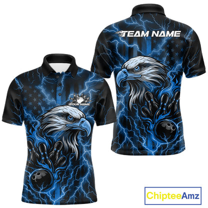 Custom Mid Blue Lightning Flame Eagle Men Bowling Shirt, Patriotic US Team Shirt IPHW10173