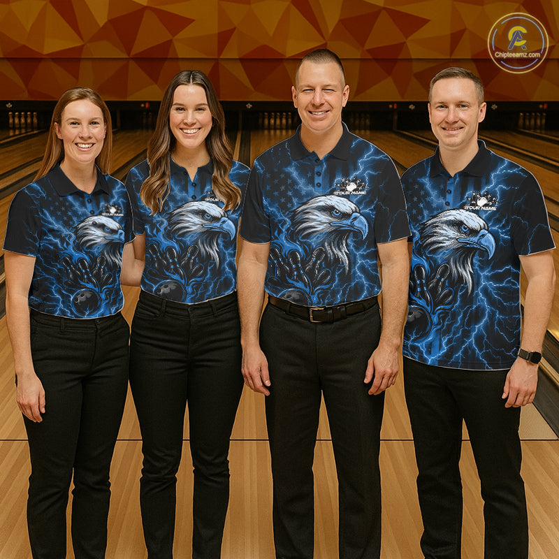 Custom Mid Blue Lightning Flame Eagle Men Bowling Shirt, Patriotic US Team Shirt IPHW10173