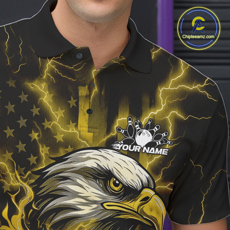 Custom Yellow Lightning Flame Eagle Men Bowling Shirt, Patriotic US Team Shirt IPHW10174