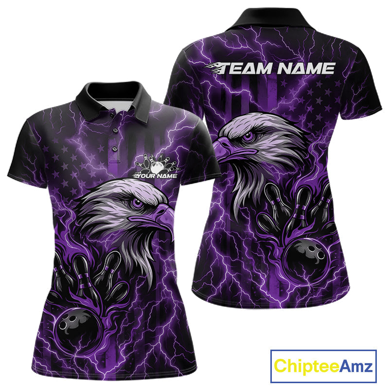 Custom Purple Lightning Flame Eagle Women Bowling Shirt, Patriotic US Team Shirt IPHW10175