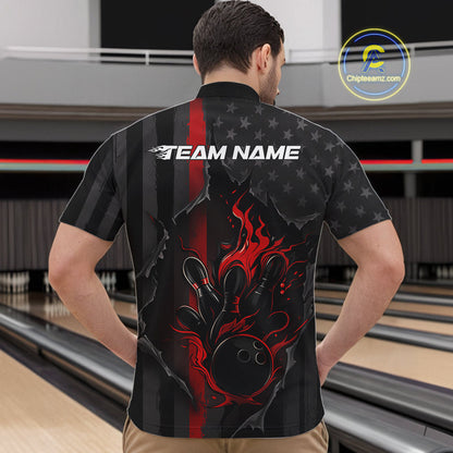 Custom Red Thin Line American Flag Patriotic Flame Bowling Team Men Quarter-Zip Shirts IPHW10179