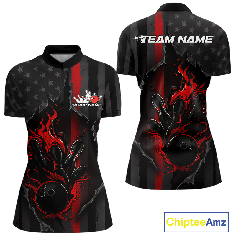 Custom Red Thin Line American Flag Patriotic Flame Bowling Team Women Quarter-Zip Shirts IPHW10179
