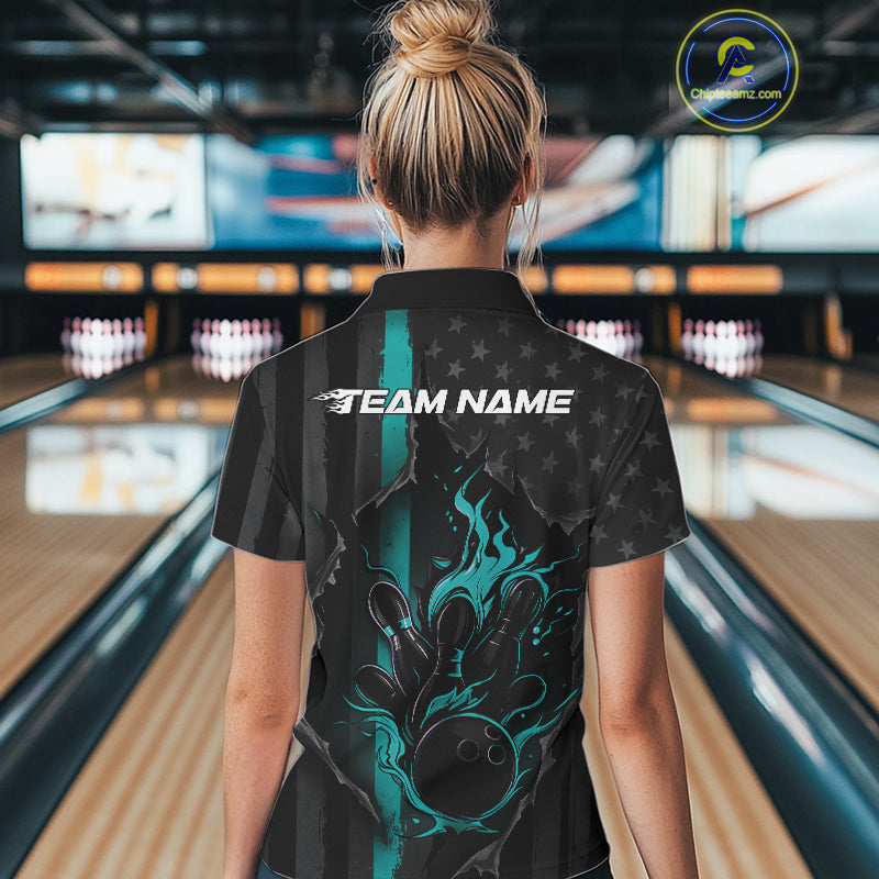 Custom Turquoise Blue Thin Line American Flag Patriotic Flame Bowling Women Polo Shirts IPHW10181