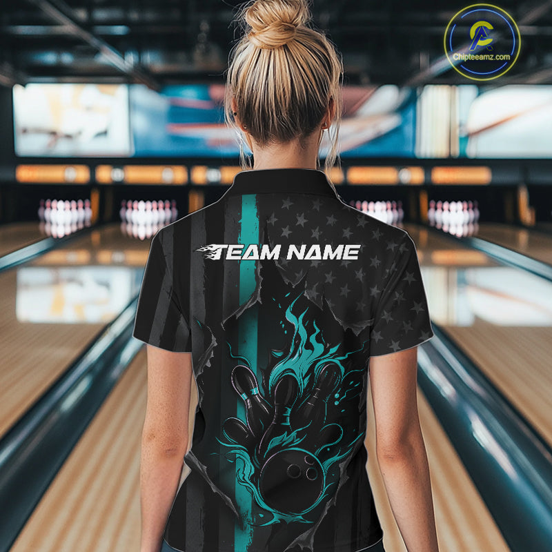 Custom Turquoise Blue Thin Line American Flag Patriotic Flame Women Bowling Team Shirts IPHW10181