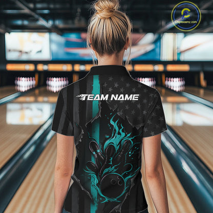 Custom Turquoise Blue Thin Line American Flag Patriotic Flame Women Bowling Team Shirts IPHW10181