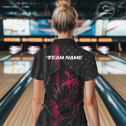 Custom Pink Thin Line American Flag Patriotic Flame Bowling Team Women Polo Shirts IPHW10182