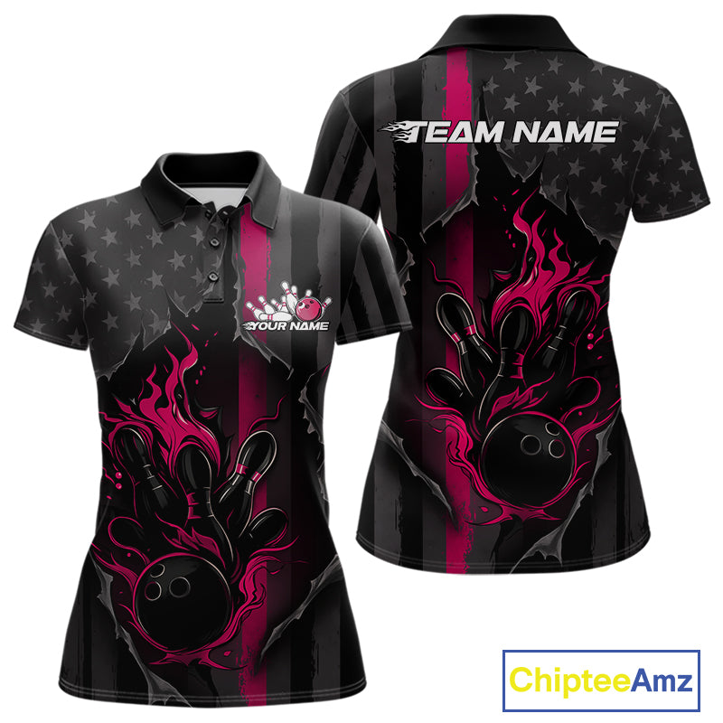 Custom Pink Thin Line American Flag Patriotic Flame Bowling Team Women Polo Shirts IPHW10182