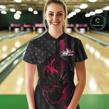 Load image into Gallery viewer, Custom Pink Thin Line American Flag Patriotic Flame Women Bowling Team Shirts IPHW10182