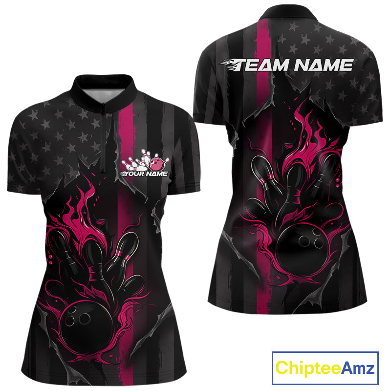 Custom Pink Thin Line American Flag Patriotic Flame Women Bowling Team Shirts IPHW10182