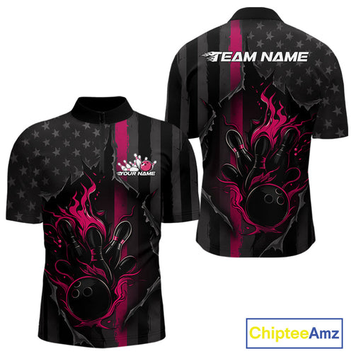 Custom Pink Thin Line American Flag Patriotic Flame Bowling Team Men Quarter-Zip Shirts IPHW10182