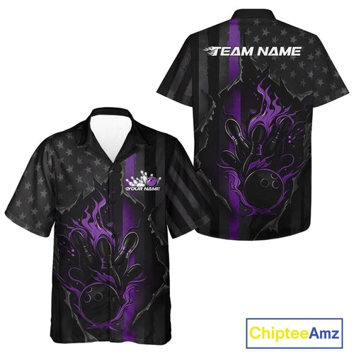 Custom Purple Thin Line American Flag Patriotic Flame Bowling Team Men And Women Hawaiian Shirts IPHW10183