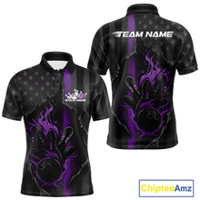 Load image into Gallery viewer, Custom Purple Thin Line American Flag Patriotic Flame Bowling Team Men Polo Shirts IPHW10183