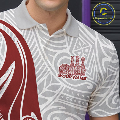 Custom Red Polynesian Tribal Bowling Men Polo Shirt, Maori Style Bowling Shirt IPHW10337