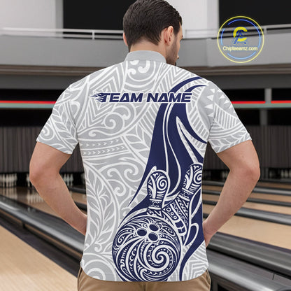 Custom Blue Polynesian Tribal Bowling Men Quarter-Zip Shirt, Maori Style Bowling Shirt IPHW10338