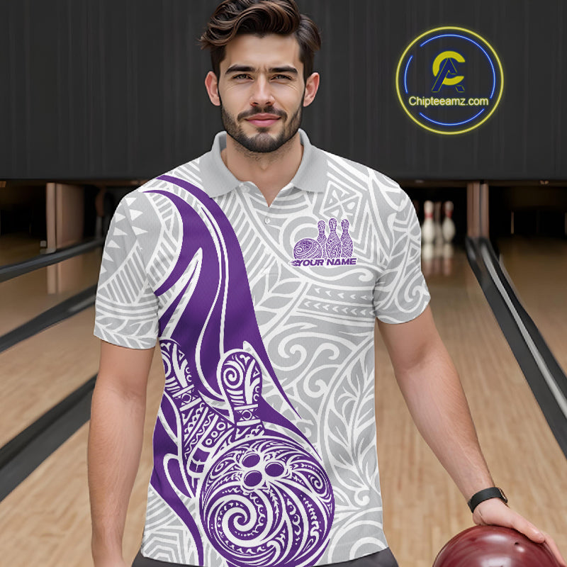 Custom Purple Polynesian Tribal Bowling Men Polo Shirt, Maori Style Bowling Shirt IPHW10339