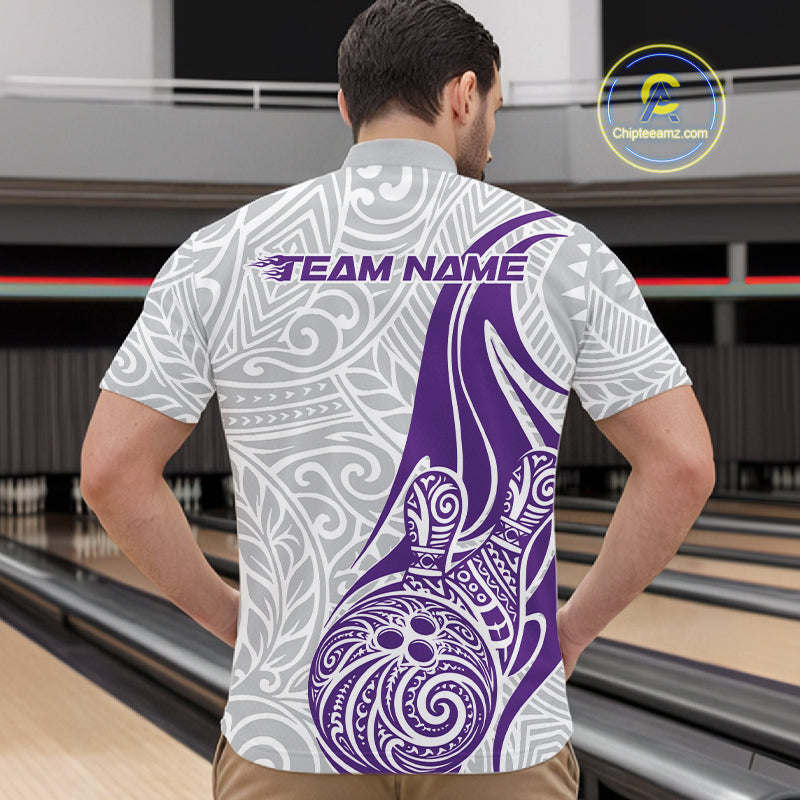Custom Purple Polynesian Tribal Bowling Men Quarter-Zip Shirt, Maori Style Bowling Shirt IPHW10339