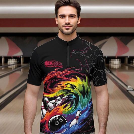 Custom Rainbow Flame Bowling Team Quarter-Zip Shirts For Men, Colorful Bowling League Shirt IPHW8740