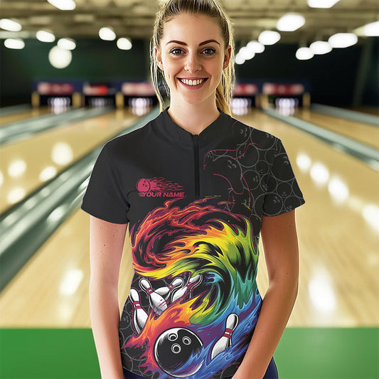 Custom Rainbow Flame Bowling Team Women Quarter-Zip Shirts, Colorful Bowling League Shirt IPHW8740