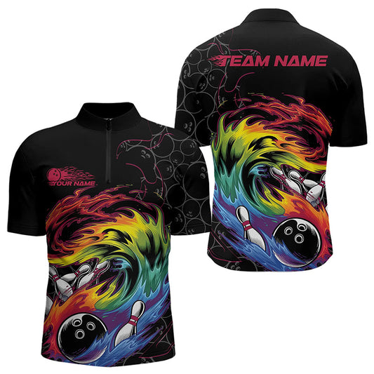 Custom Rainbow Flame Bowling Team Quarter-Zip Shirts For Men, Colorful Bowling League Shirt IPHW8740