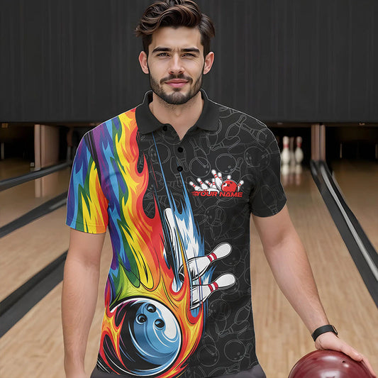 Custom Rainbow Flame Bowling Team Polo Shirts For Men, Colorful Bowling League Shirt IPHW8747