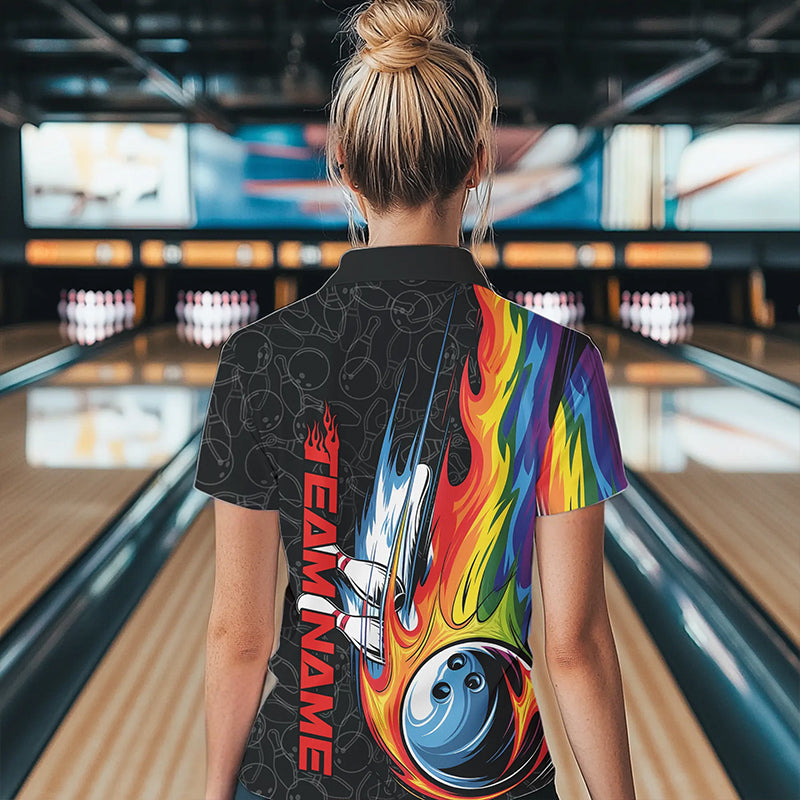 Custom Rainbow Flame Bowling Team Polo Shirts For Women, Colorful Bowling League Shirt IPHW8747