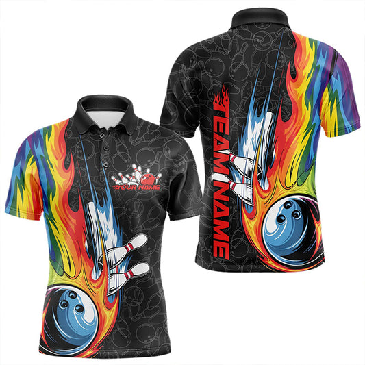 Custom Rainbow Flame Bowling Team Polo Shirts For Men, Colorful Bowling League Shirt IPHW8747