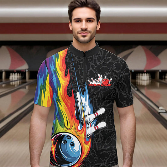 Custom Rainbow Flame Bowling Team Quarter-Zip Shirts For Men, Colorful Bowling League Shirt IPHW8747