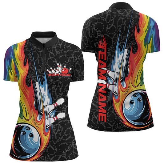 Custom Rainbow Flame Bowling Team Women Quarter-Zip Shirts, Colorful Bowling League Shirt IPHW8747
