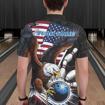 Custom American Flag Eagle Bowling Team Men Polo Shirts, Patriotic US Bowling League Shirt IPHW8752