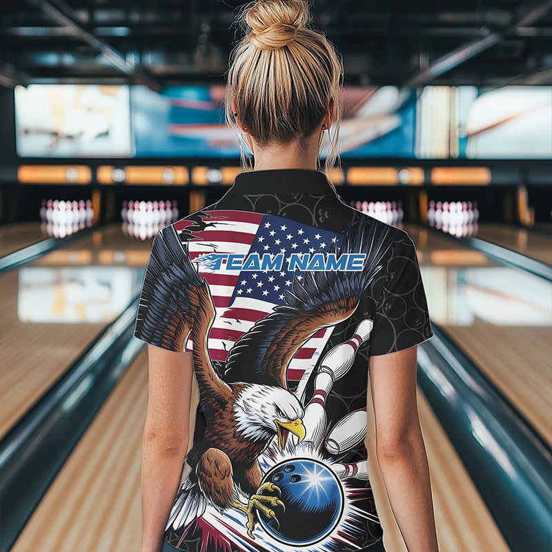 Custom American Flag Eagle Bowling Team Women Polo Shirt, Patriotic US Bowling League Shirt IPHW8752
