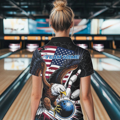 Custom American Flag Eagle Bowling Team Women Polo Shirt, Patriotic US Bowling League Shirt IPHW8752