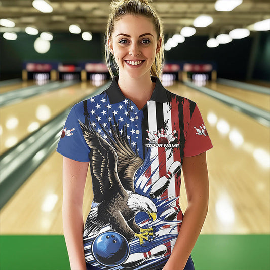 Custom American Flag Eagle Bowling Team Women Polo Shirt, Patriotic US Bowling League Shirt IPHW8753
