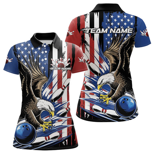 Custom American Flag Eagle Bowling Team Women Polo Shirt, Patriotic US Bowling League Shirt IPHW8753
