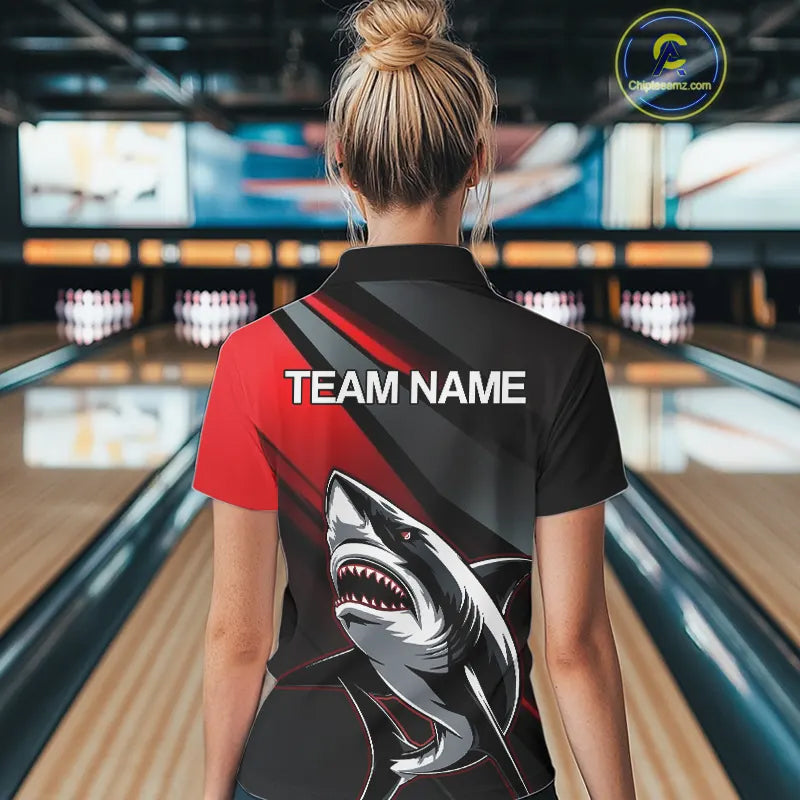 Custom Black And Red Shark Bowling Jerseys, Bowling Team Uniform Shark Women Polo Shirts IPHW8999