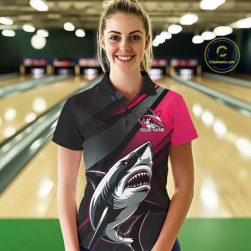 Custom Black And Pink Shark Bowling Jerseys, Bowling Team Uniform Shark Women Polo Shirts IPHW9001