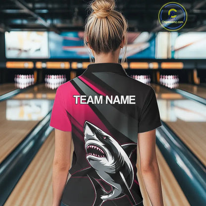 Custom Black And Pink Shark Bowling Jerseys, Bowling Team Uniform Shark Women Polo Shirts IPHW9001