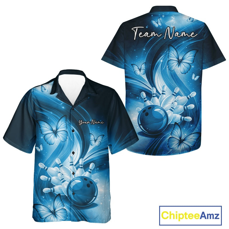 Blue button-up bowling shirt mockup featuring a bowling ball knocking down pins with butterfly accents.