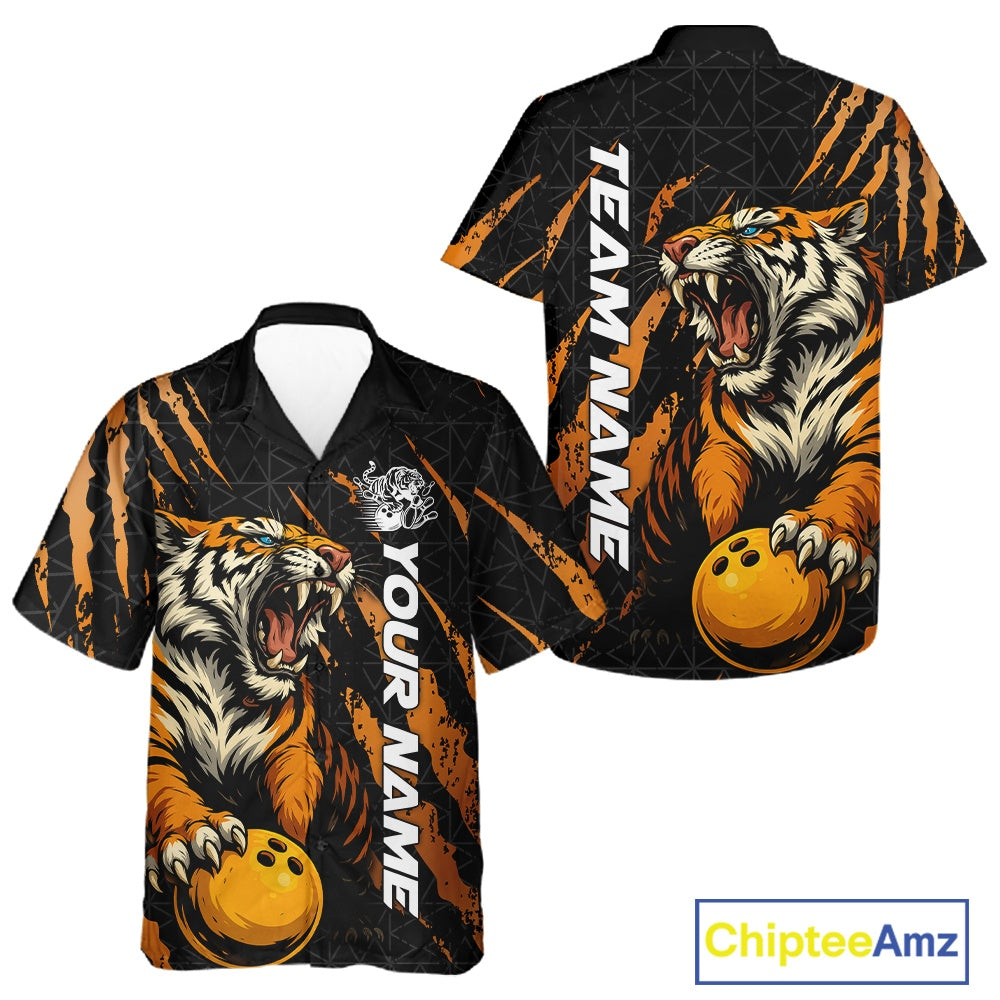 Front and back view of a black and yellow button-up bowling shirt featuring a roaring tiger holding a yellow bowling ball with orange claw-stripe artwork and a geometric background pattern.