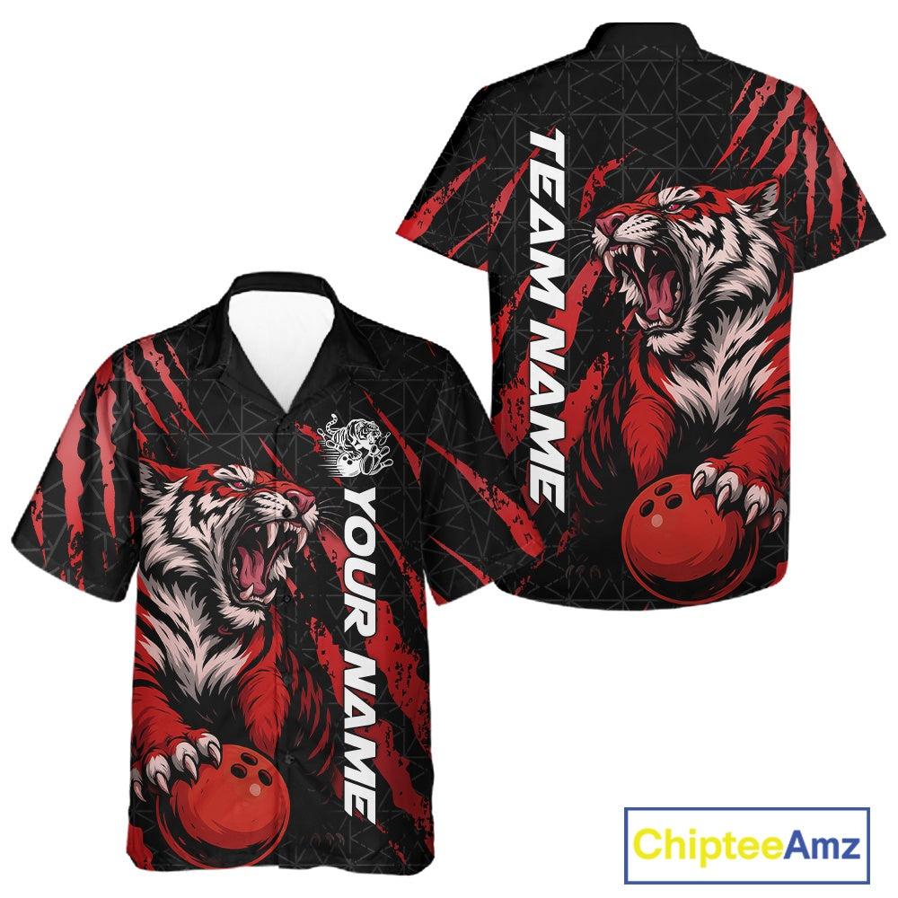 Front and back view of a black and red button-up bowling shirt showcasing a roaring tiger holding a red bowling ball with matching red claw-stripe graphics and a geometric background pattern.