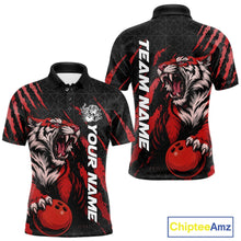Load image into Gallery viewer, Front and back view of a black and red men's bowling polo shirt featuring a roaring tiger holding a red bowling ball with matching claw-stripe graphics and a geometric background pattern.