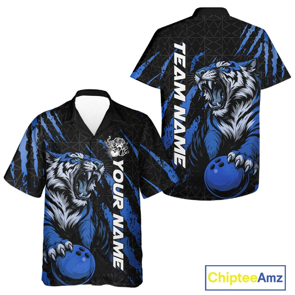 Front and back view of a black and mid blue button-up bowling shirt displaying a roaring tiger holding a mid blue bowling ball with coordinated claw-stripe accents and a geometric background pattern.
