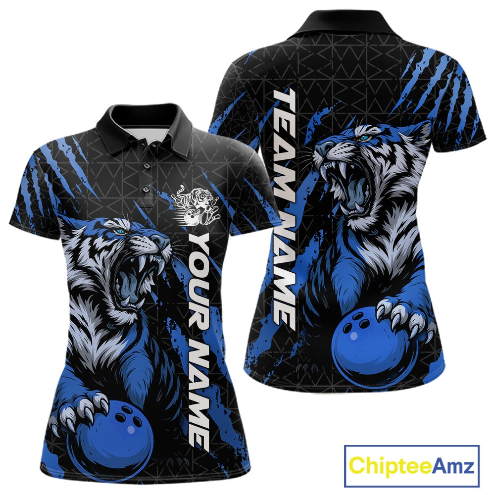 Front and back view of a black and mid blue women's bowling polo shirt displaying a roaring tiger holding a mid blue bowling ball with matching claw-stripe artwork and a geometric background pattern.