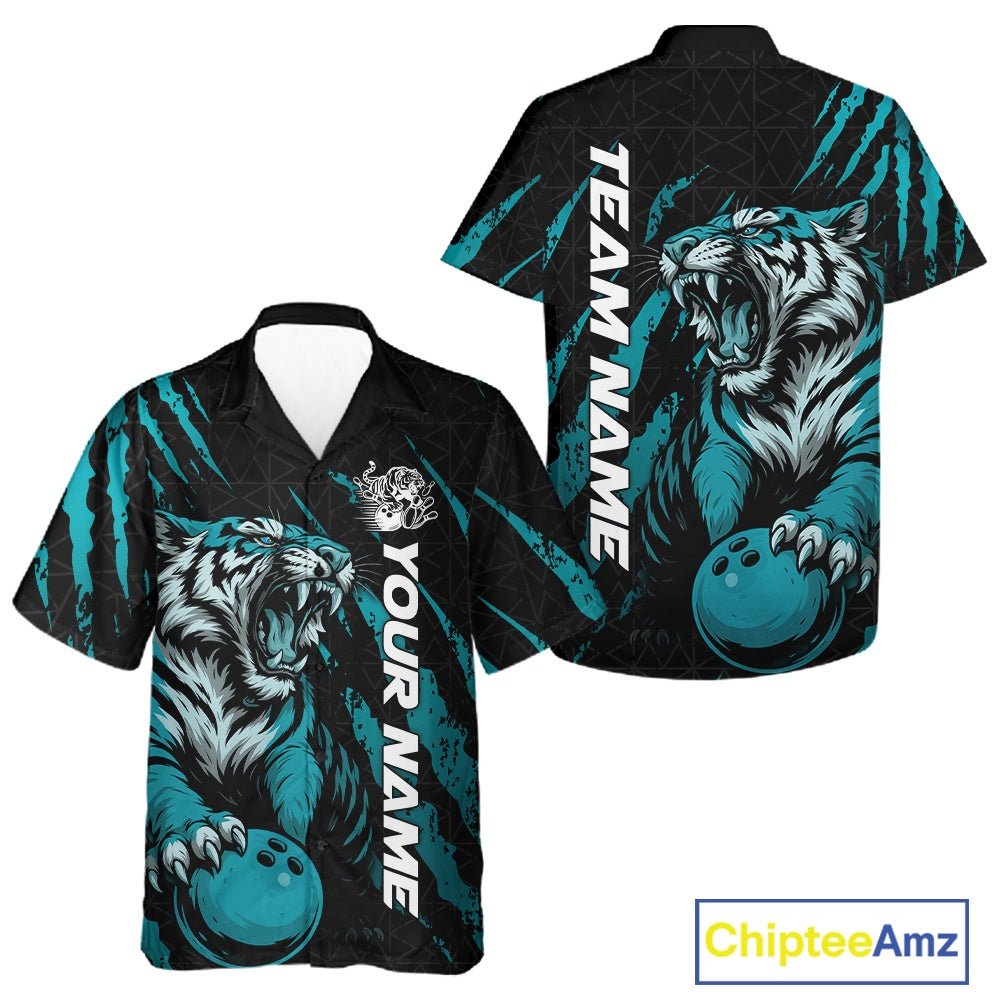 Front and back view of a black and teal blue button-up bowling shirt featuring a roaring tiger holding a teal blue bowling ball with matching claw-stripe graphics and a geometric background pattern.
