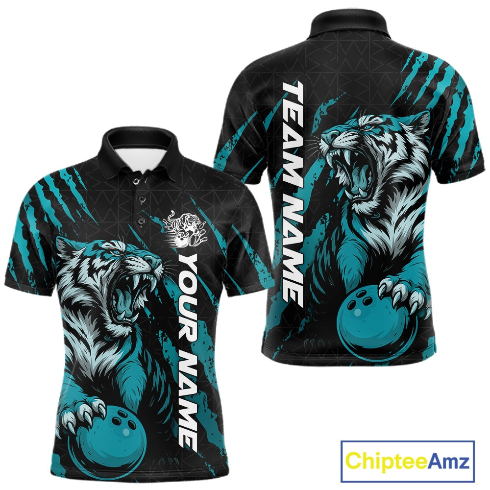 Front and back view of a black and teal blue men's bowling polo shirt featuring a roaring tiger holding a teal blue bowling ball with matching claw-stripe graphics and a geometric background pattern.