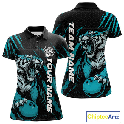 Front and back view of a black and teal blue women's bowling polo shirt featuring a roaring tiger holding a teal blue bowling ball with matching claw-stripe graphics and a geometric background pattern.